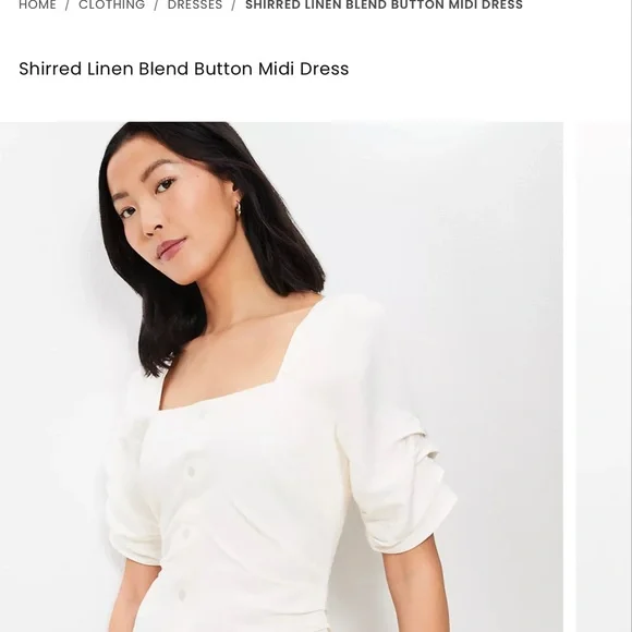 LOFT Cream Shirred Linen-Blend Button Midi Dress - Picture 3 of 5